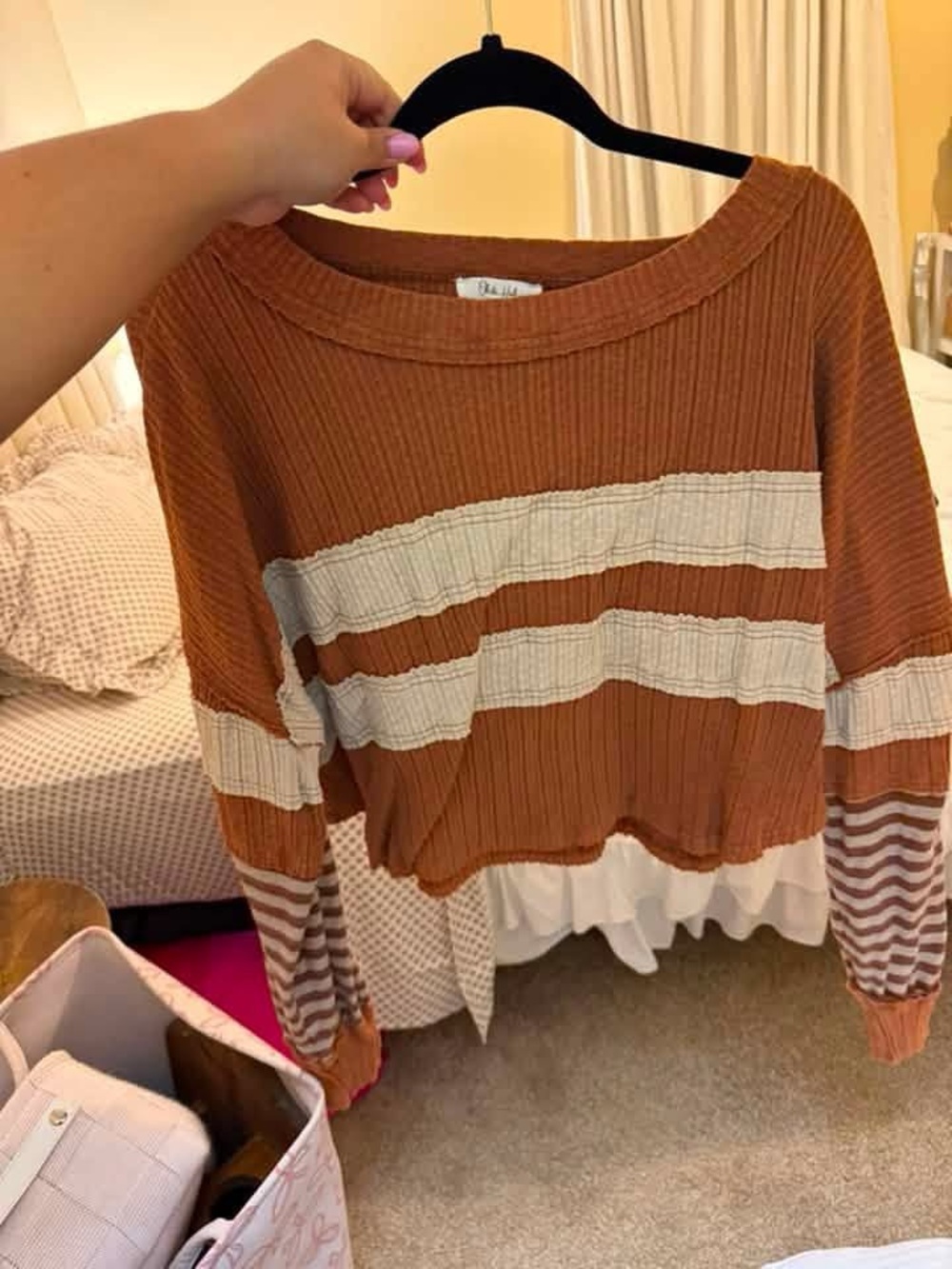 Cropped Rust Ribbed Sweater with Cream Stripe Detail